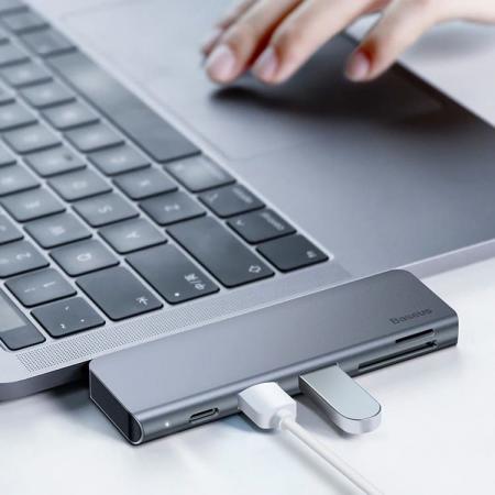 Переходник Baseus для MacBook HUB Harmonica 5в1 (PD/SD/TF/USB 3.0*2) (CAHUB-K0G) Deep Grey, тёмно-серый