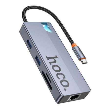 Хаб hoco. 8в1 (HDTV+RJ45+SD/TF+PD+Type-C3.0+USB3.0*2) (HB52) Тёмно-серый